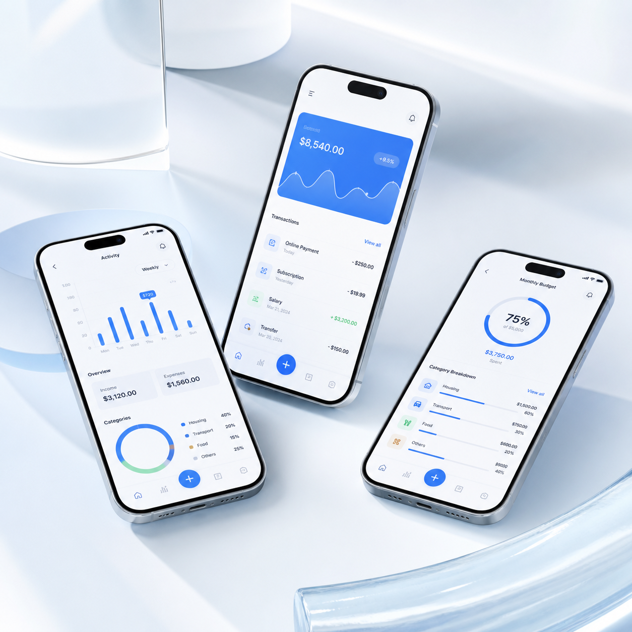 Three light-theme mobile app screens arranged on a polished studio surface